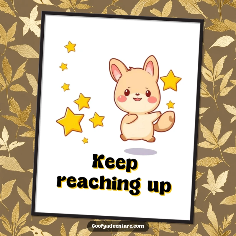 Funny kawaii animal character happily chasing after a series of drifting stars, a downloadable digital art print with a humorous, celestial feel.