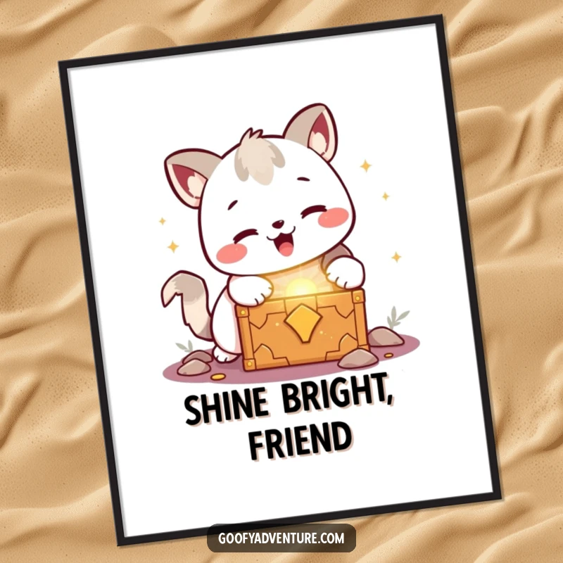 Funny kawaii animal character joyfully discovering a glowing treasure chest, a downloadable digital art print with a humorous glow.