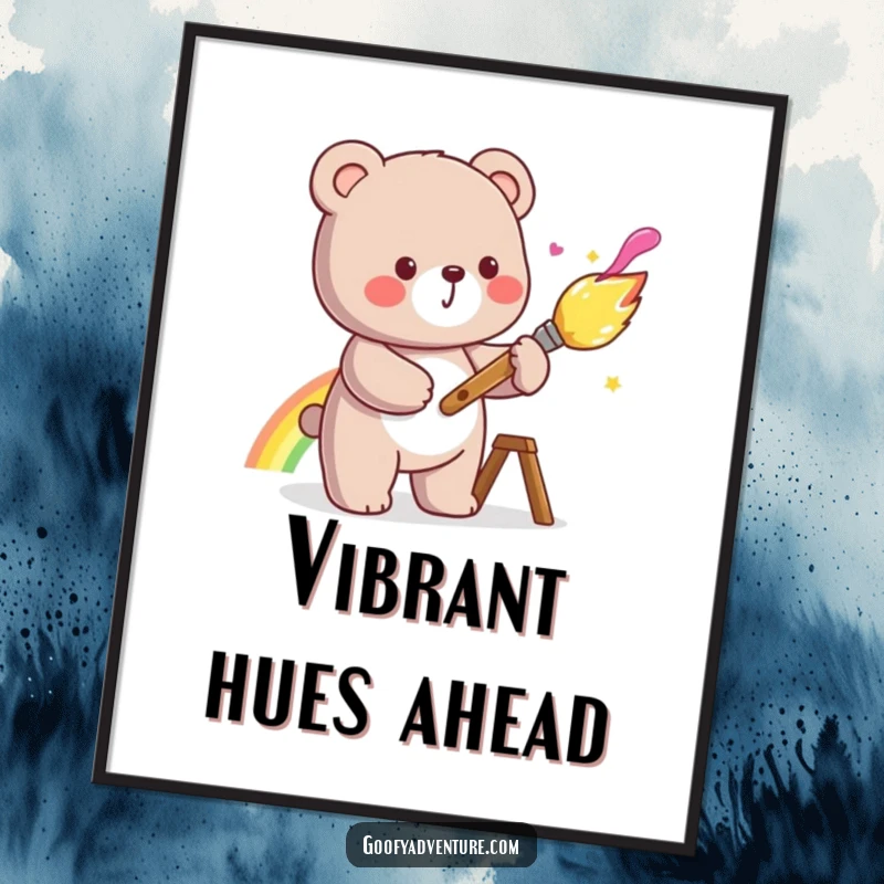 Funny kawaii bear character painting a vibrant rainbow with a giant, cheerful paintbrush, as a high-resolution digital art print.