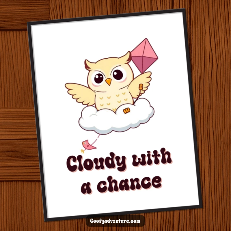 Funny Kawaii owl flying on a friendly cloud kite, rendered as a captivating digital art print.