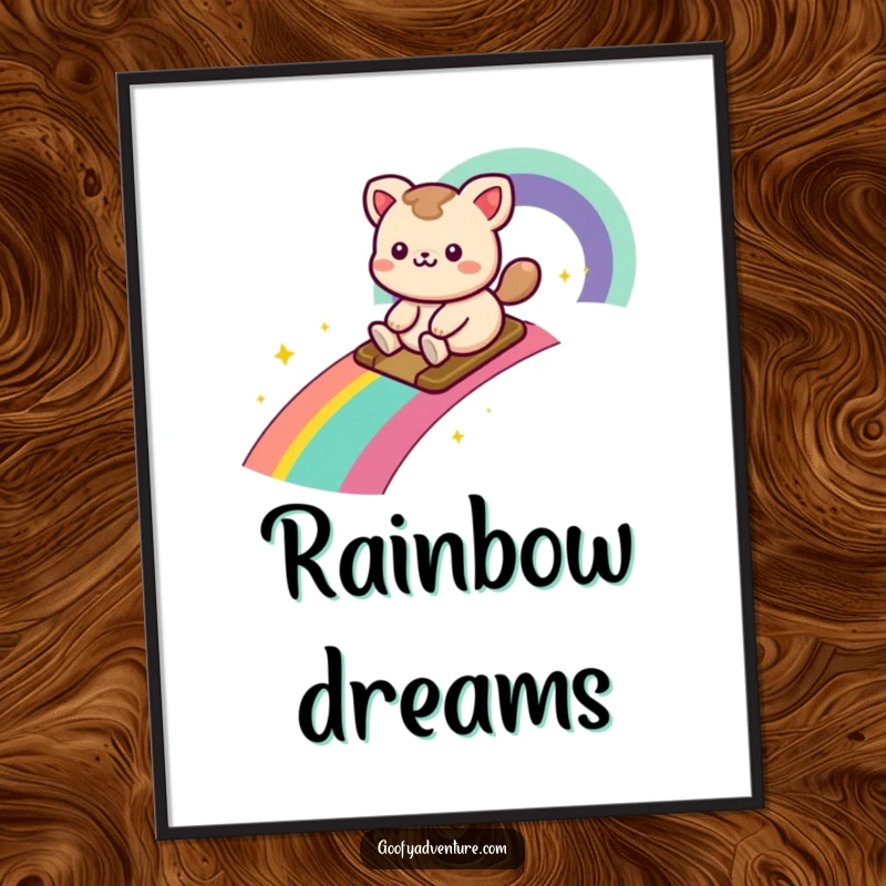 Funny kawaii animal character joyfully sliding down a rainbow trail, vibrant digital art print for whimsical decor.