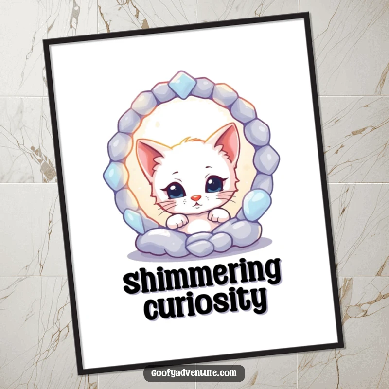 Funny kitten character peering into a glowing, mysterious portal, presented as a digital art print for instant whimsical decor.