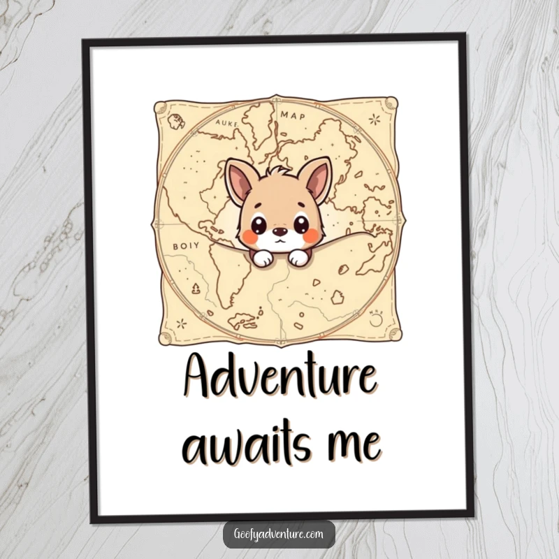 Funny digital art print of a curious animal peeking from behind a giant, ancient map, ideal for adding mystery to any space.