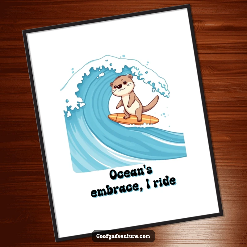 Funny downloadable digital art print of a happy otter on a surfboard, expertly balancing on a massive ocean wave.