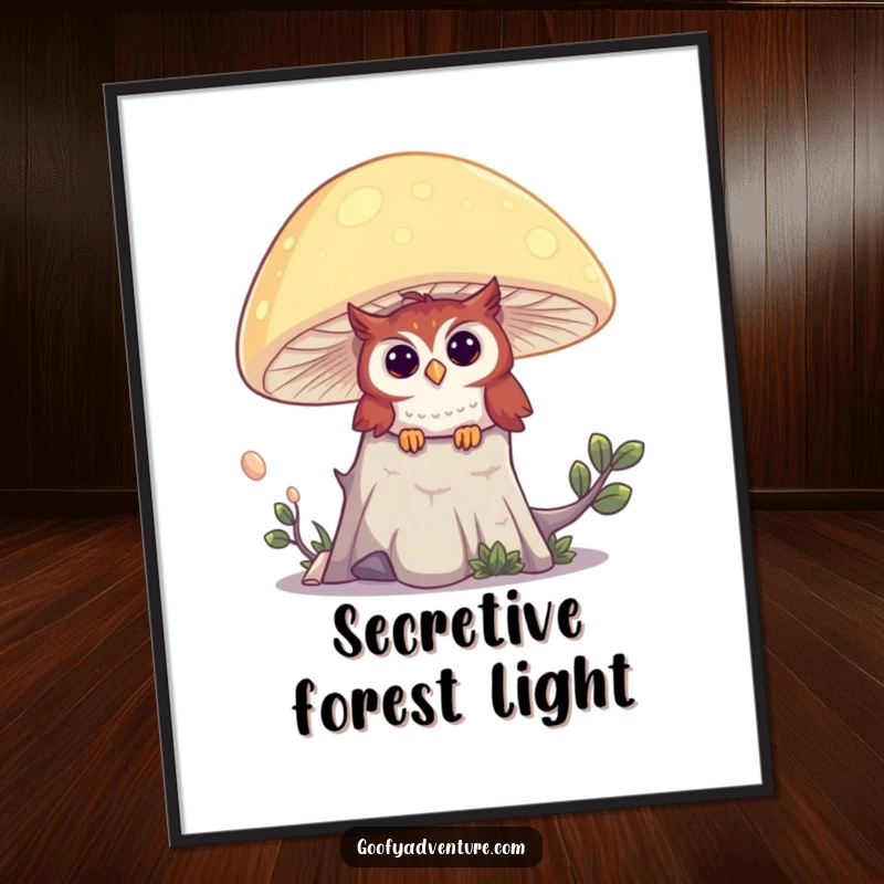 High-resolution funny digital art print of a curious owl peeking from behind a large, vividly glowing mushroom in an enchanting forest.