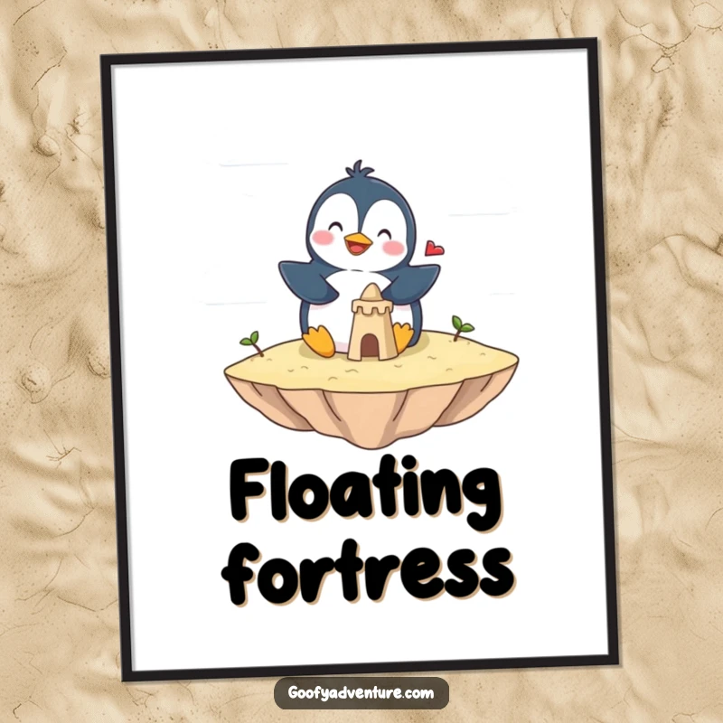 Funny penguin digital art print of a giggling penguin building a sandcastle on a floating cloud island. Instant whimsical decor.