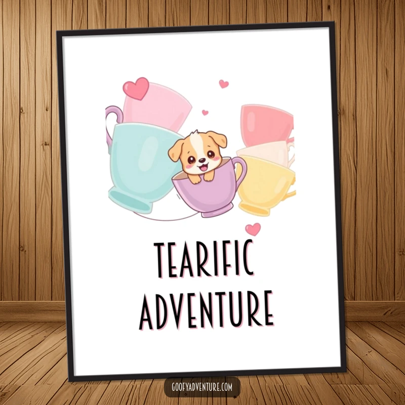 Funny digital art print of a giggling puppy ziplining between giant colorful teacups, ready to add whimsical fun to any room.