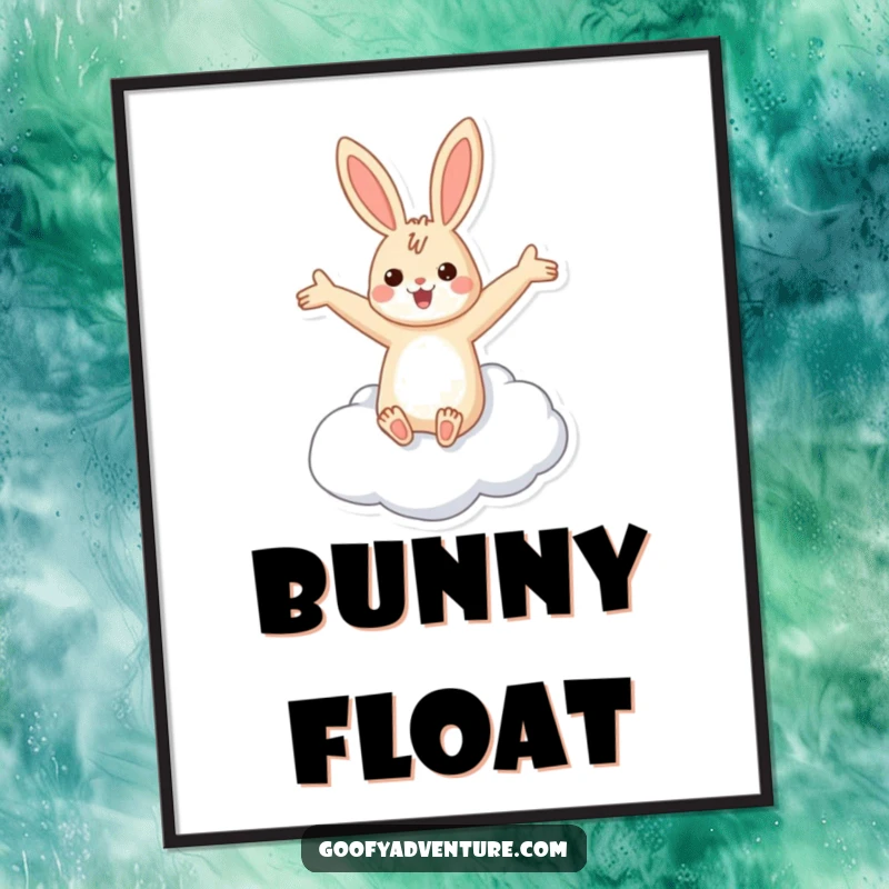 Funny rabbit flying cloud digital art print of a cheerful rabbit with arms outstretched, joyfully riding a fluffy cloud.