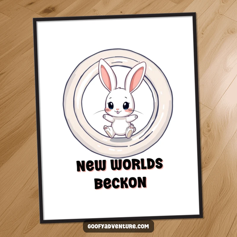 Funny downloadable digital art print of a curious rabbit character preparing to leap into a swirling, dimensional portal.