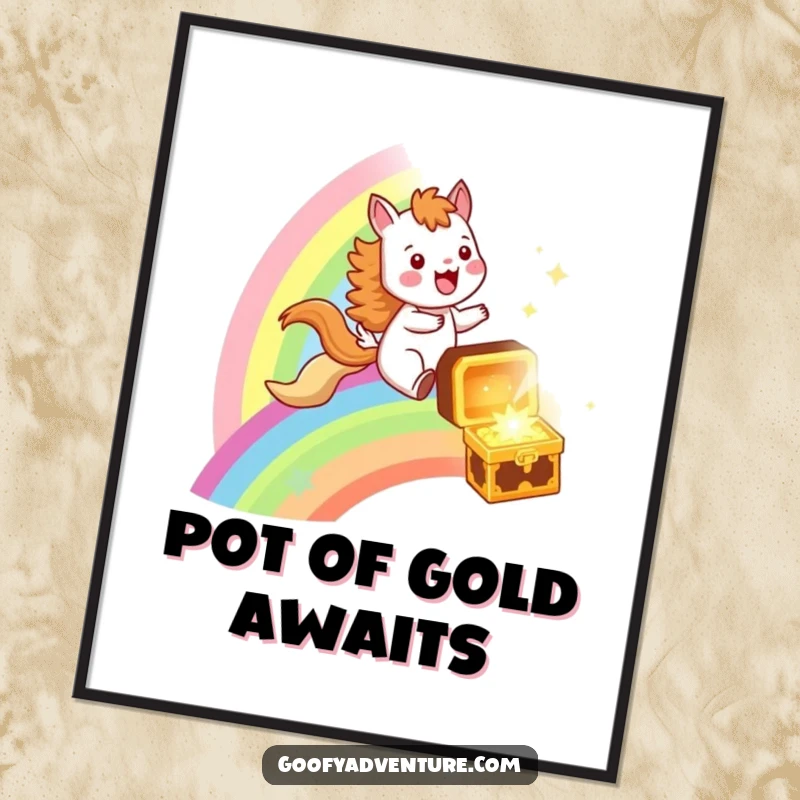 Funny digital art print of a joyful animal energetically riding a rainbow towards a sparkling treasure chest, perfect for instant wall art.
