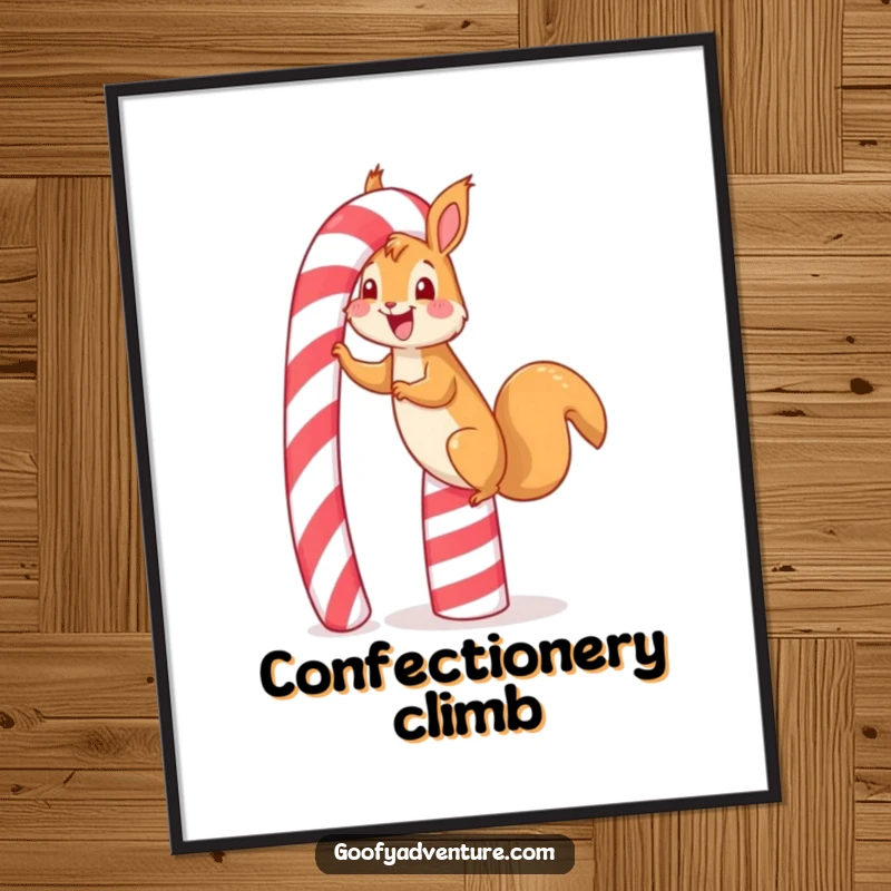 Funny happy squirrel candy cane digital art print, depicting a gleeful climb up a towering candy cane, festive and charming.