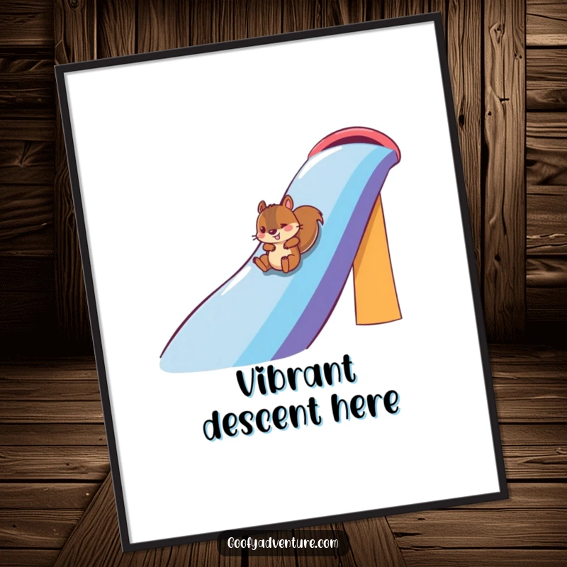 Funny squirrel character sliding down a massive rainbow on a digital art print, radiating pure fun, funny gift.