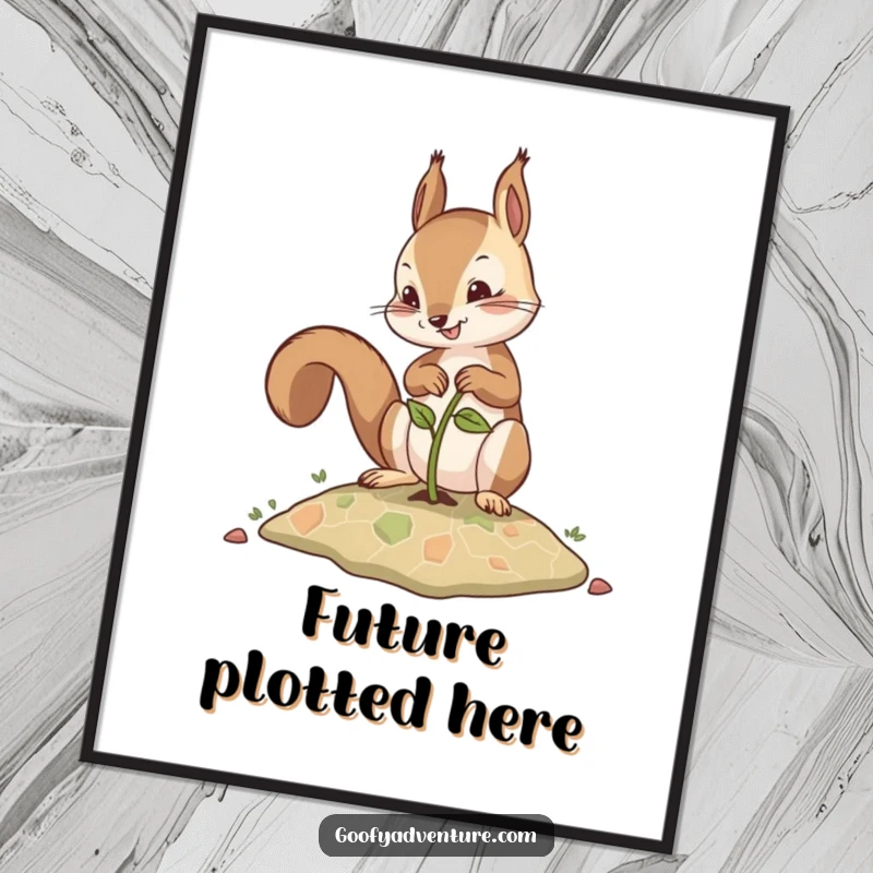 Funny digital art of a determined squirrel planting a seed that evolves into a map, a printable inspirational piece.