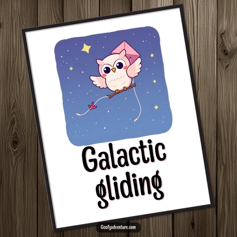 Funny kawaii owl character soaring on a kite through a starry night sky, available as a digital art print.