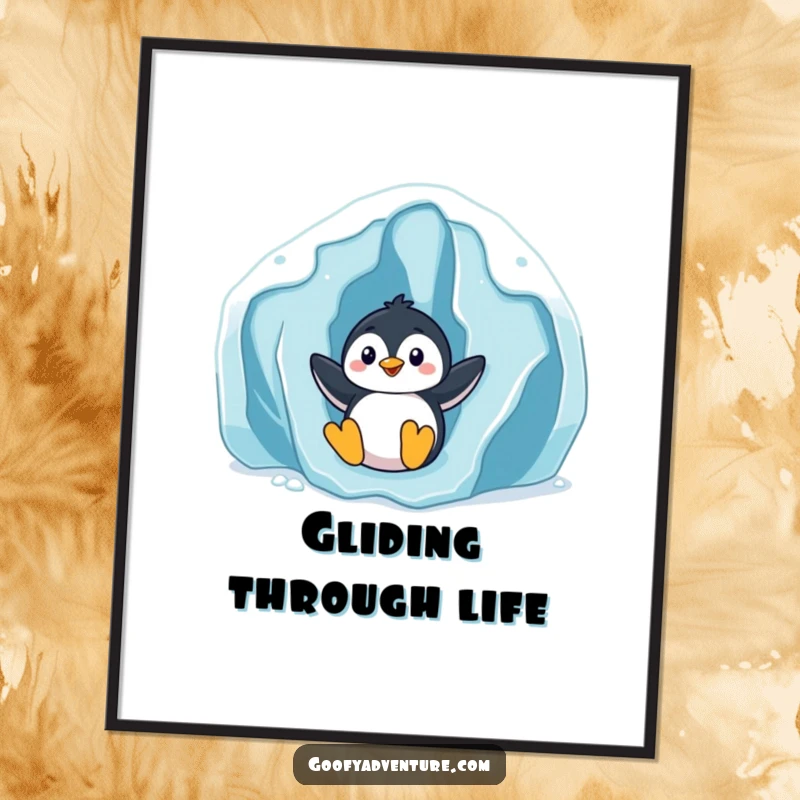 Funny playful penguin sliding down a giant icy glacier, digital art print, winter fun theme, humorous wall decor.