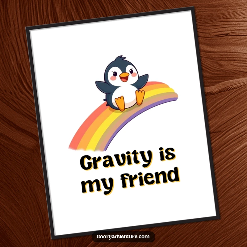 Funny Penguin digital art print, joyfully sliding down a giant rainbow, vibrant and cheerful wall decor.