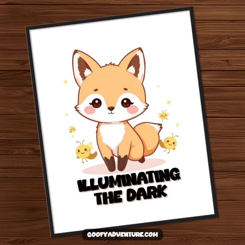 Funny kawaii fox character leading a whimsical parade of tiny, smiling fireflies, as a high-resolution digital art print.