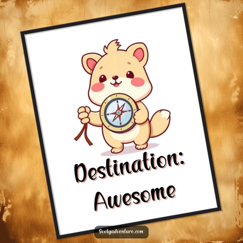 Funny kawaii animal character holding a compass and pointing with excitement towards an unknown destination, digital art.