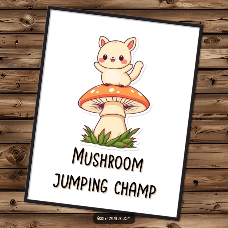 Funny kawaii animal character energetically leaping over a vibrant, oversized mushroom, available as a digital art print.