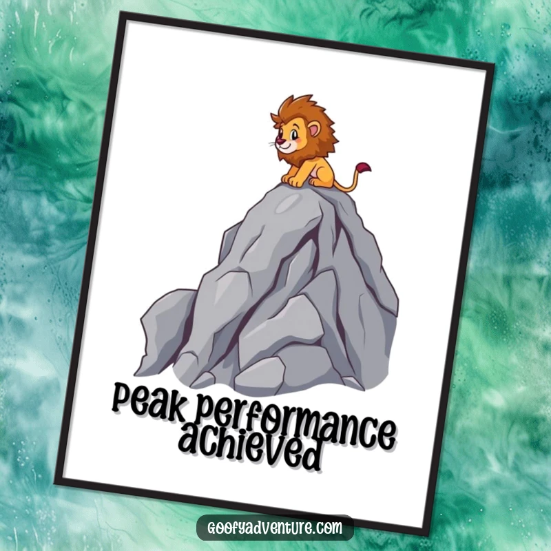 Funny brave lion character climbing a cartoon mountain peak, digital art print, adventure theme, humorous wall decor.