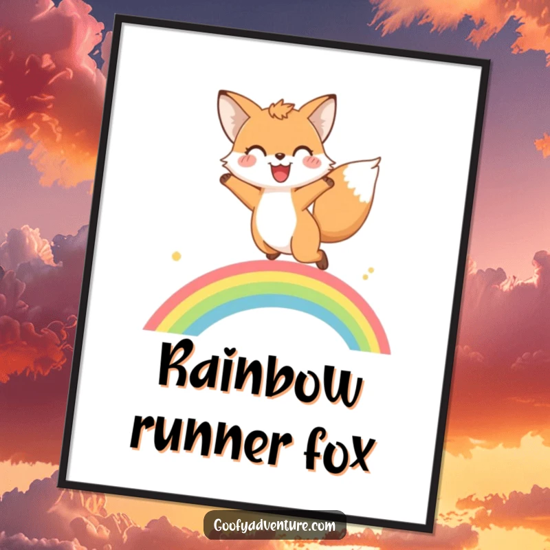 Funny fox rainbow leap digital art print of a happy fox gleefully jumping over a bright, colorful rainbow.