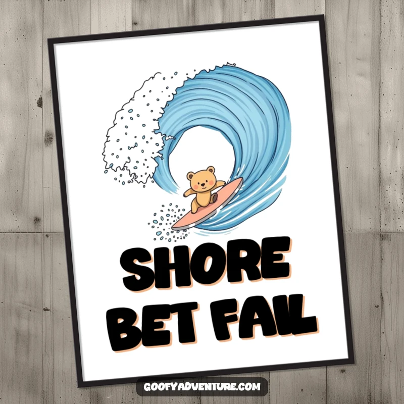 Funny bear cub humorously attempting to surf a monumental ocean wave, rendered as a vibrant digital art print for instant download.