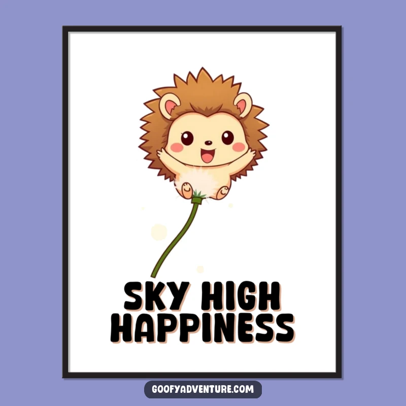 Funny Hedgehog Digital Art: Whimsical Dandelion Seed Soaring Print