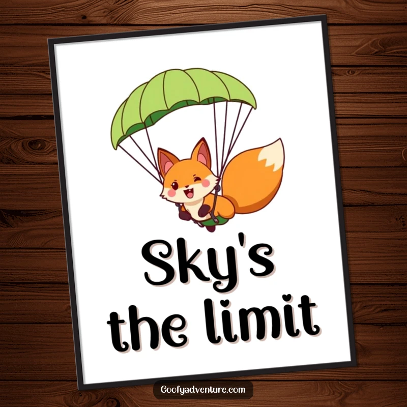 Funny fox character paragliding with a giant leaf parachute, available as a digital art print for immediate download and display.