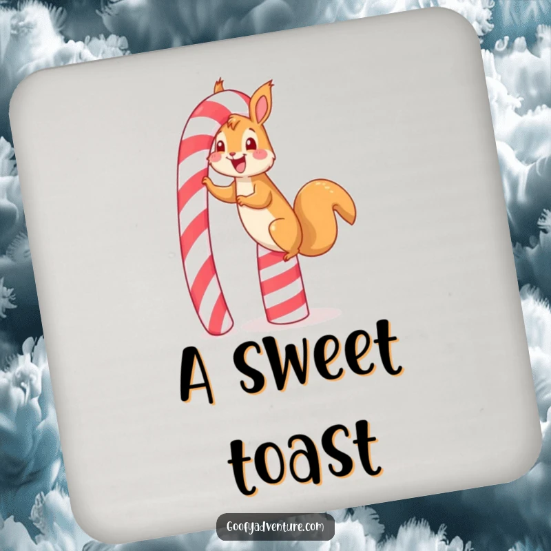 Funny squirrel candy cane drink coaster, showing a squirrel gleefully scaling a giant candy cane, useful and sweet.