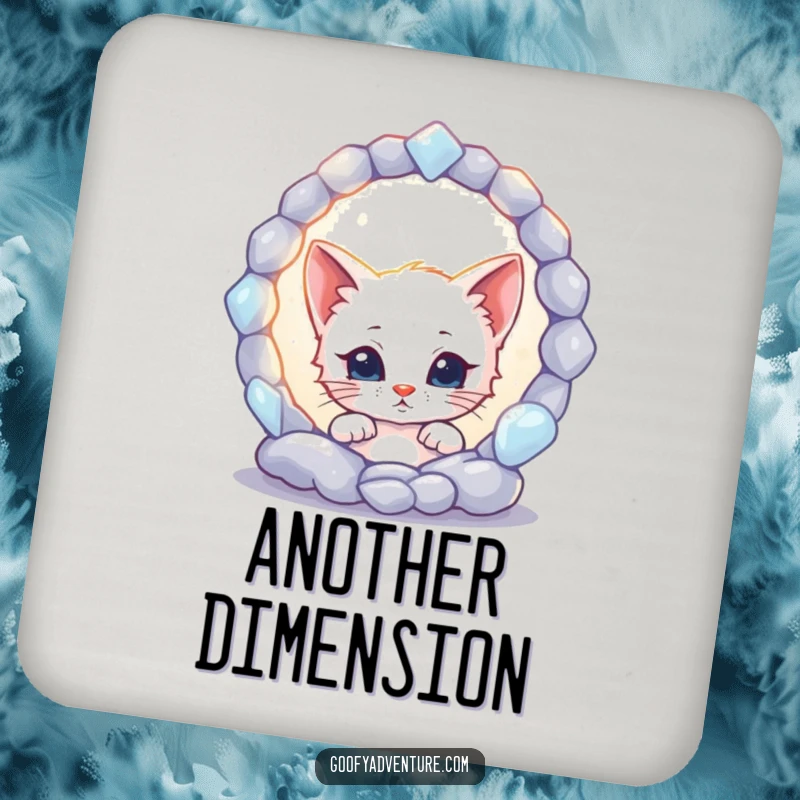 Funny kitten character peeking into a shimmering, mystical portal on a drink coaster, adding a touch of wonder to tabletops.