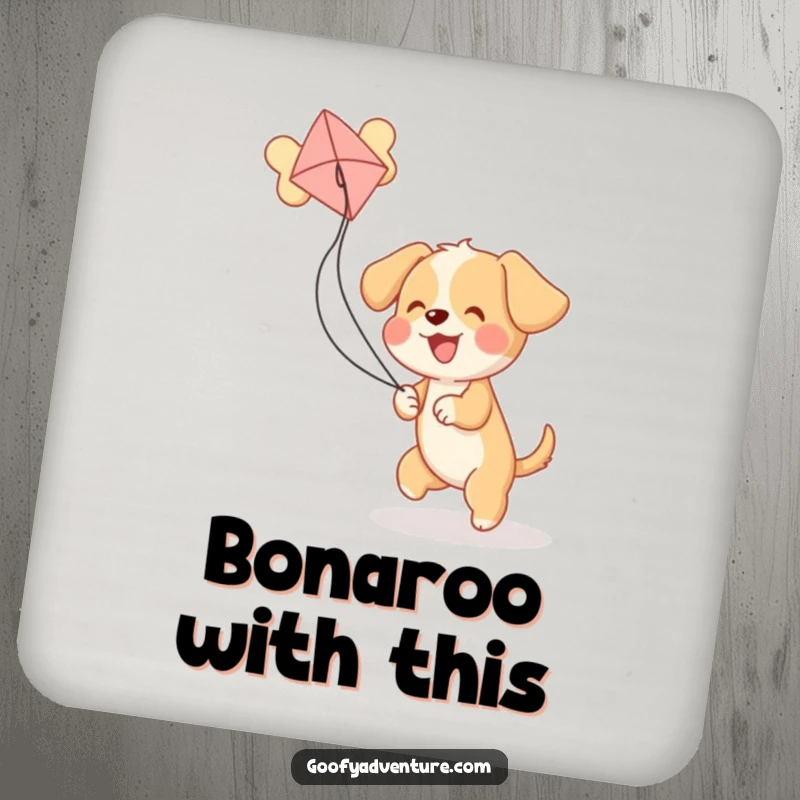 Funny puppy character flying a bone kite on coasters, a humorous way to protect furniture.