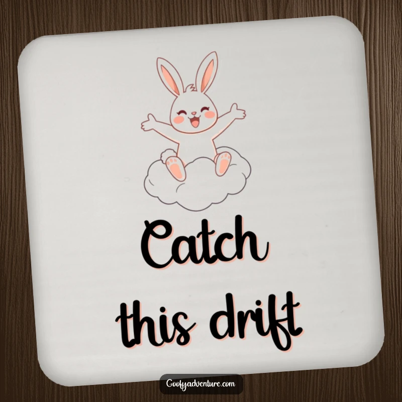 Set of coasters featuring a funny, cheerful rabbit riding a cloud with arms outstretched, perfect for protecting tables with whimsy.