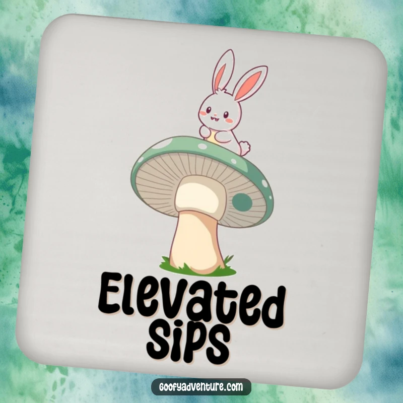 Funny bunny mushroom rider drink coaster, showing a bunny riding a whimsical mushroom through the air, useful and magical.