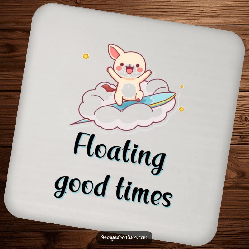 Funny kawaii animal character surfing a cloud, designed as a durable drink coaster for tables.