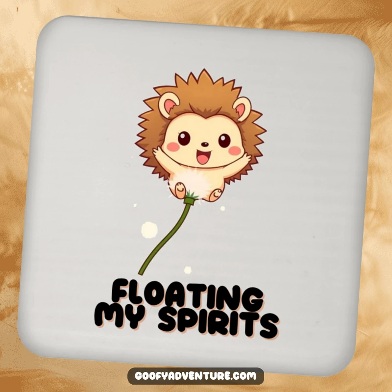Funny drink coaster featuring a happy hedgehog character soaring on a dandelion seed, protecting surfaces with whimsical charm.