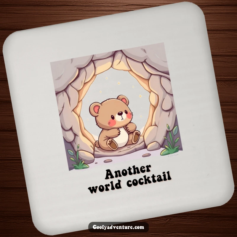 Funny coaster with a curious bear cub discovering a portal to another world, a humorous way to protect surfaces.