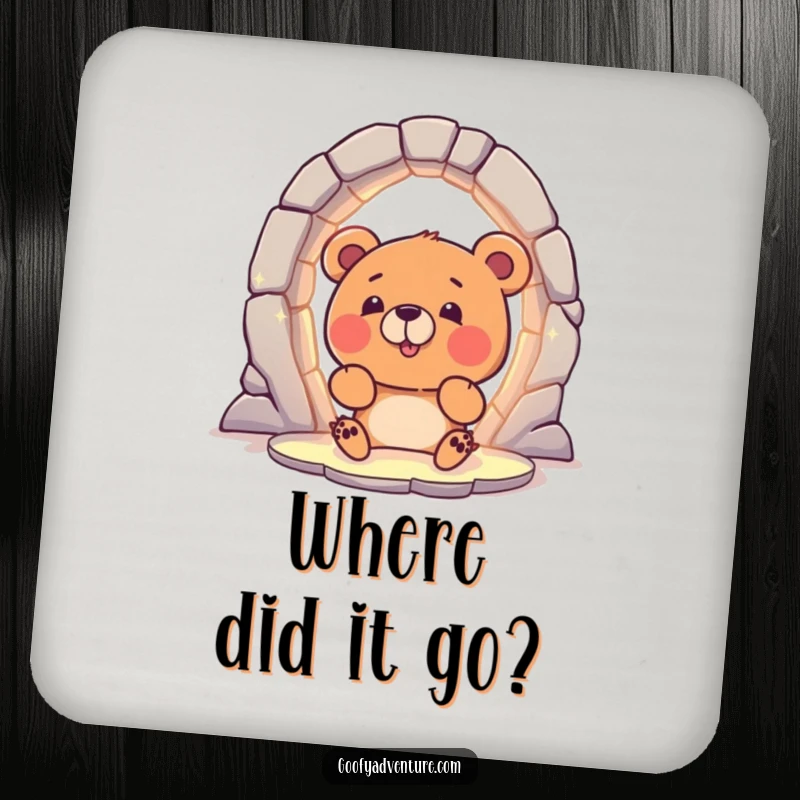 Funny Bear Drink Coaster: A curious bear character excitedly peering into a magical, glowing portal, adding whimsy.