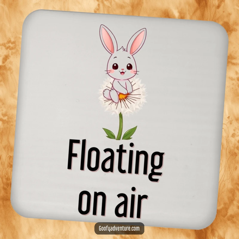 Funny bunny character riding a dandelion seed on a drink coaster, adding a touch of humor to your table, funny gift.