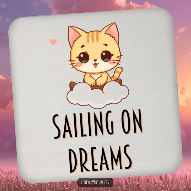 Funny cat character sailing on a cloud boat on a drink coaster, adding whimsical charm, funny gift.