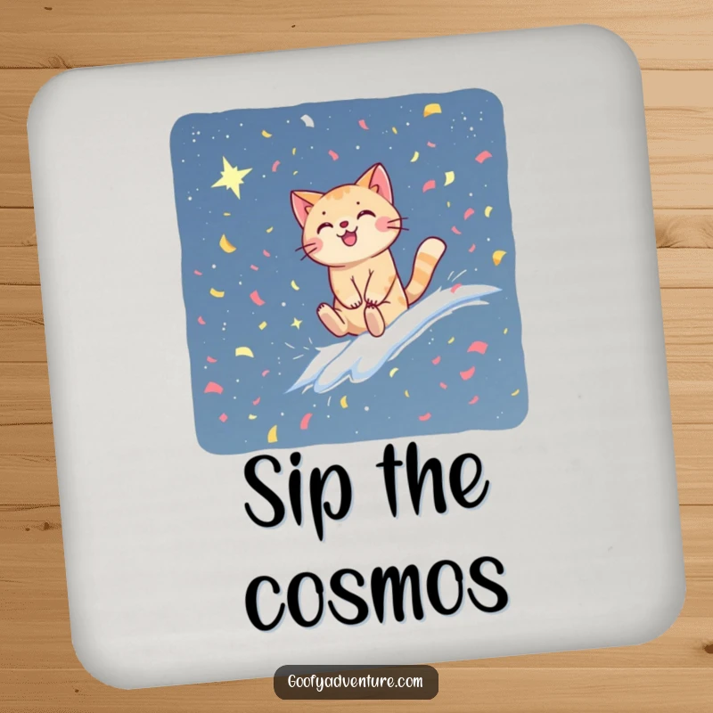 Funny cat coasters depicting a happy cat riding a confetti wave into a starry sky, protecting surfaces with celestial charm.