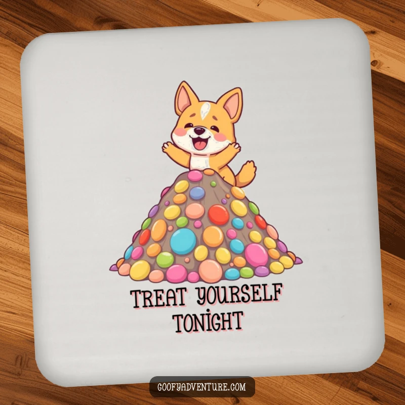 Funny drink coaster with an excited dog character climbing a vibrant candy mountain, protecting your table with sweetness.
