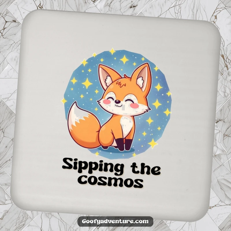 Funny fox character exploring a starry galaxy on a drink coaster, adding cosmic flair, funny gift.