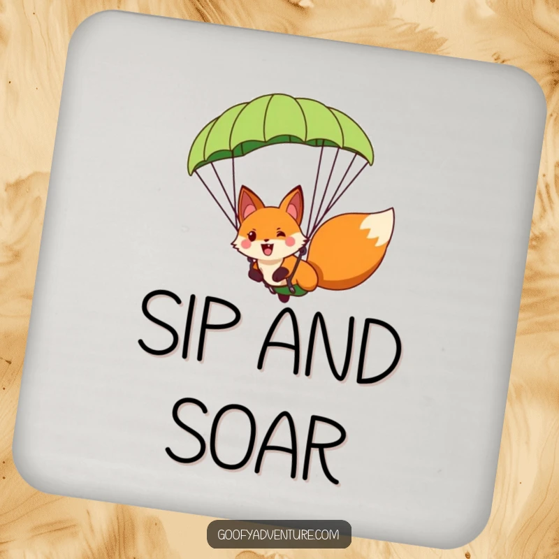 Funny fox character paragliding with a giant leaf parachute, designed on a drink coaster, adding humor to any surface.