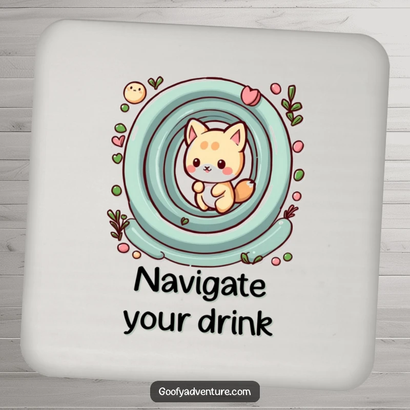 Funny kawaii animal character playfully navigating a whimsical maze, a protective and humorous drink coaster.