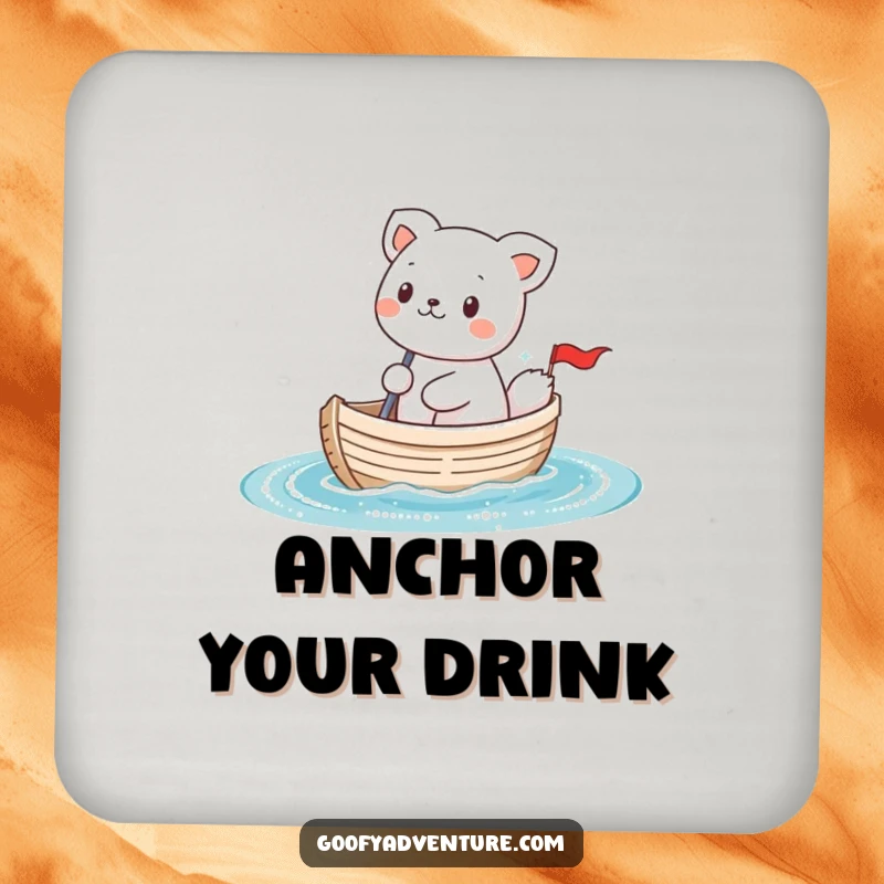 Funny kawaii animal character sailing a tiny boat on sparkly water, a protective and humorous drink coaster.