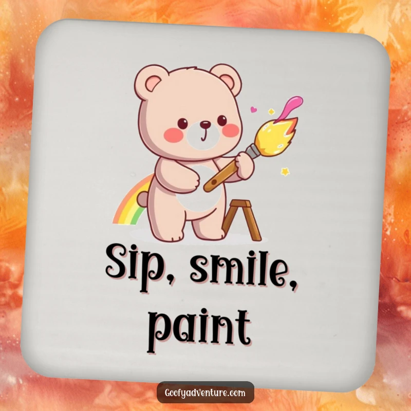 Funny kawaii bear painting a rainbow with a cheerful paintbrush, printed on coasters for surface protection.