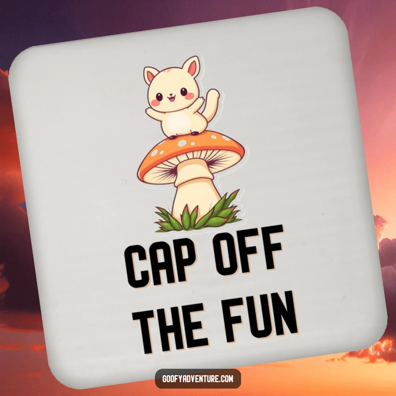 Funny kawaii animal character leaping over a mushroom, designed as a functional and decorative drink coaster.
