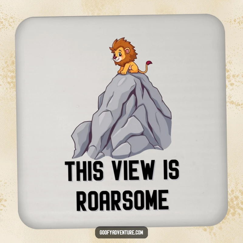 Funny brave lion character scaling a mountain peak, protective drink coaster, adventure theme, humorous accessory.