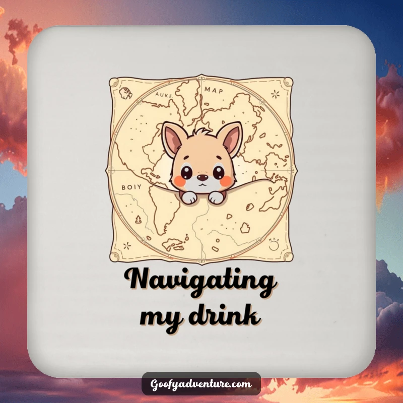 Funny drink coaster showing a curious animal peeking from behind an ancient map, protecting surfaces with a hint of mystery.