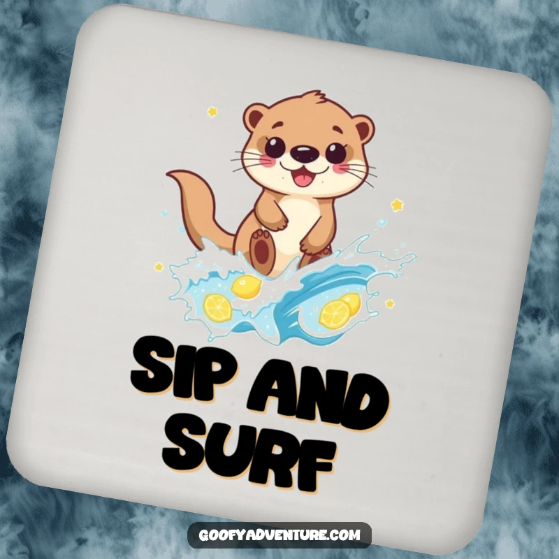 Funny otter character surfing a bubbly lemonade wave on a drink coaster, adding a touch of humor to tabletops.